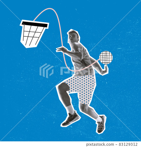 Modern design, contemporary art collage. Inspiration, idea, trendy magazine style. Sport. Professional male basketball player on blue background. 83129312