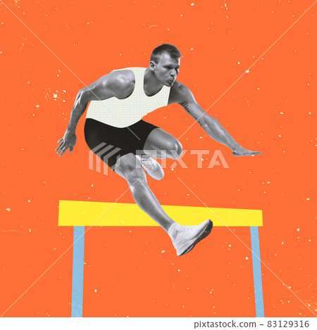Contemporary art collage. Inspiration, idea, trendy magazine style. Sport. Professional male athlete, runner on bright background with drawings. 83129316