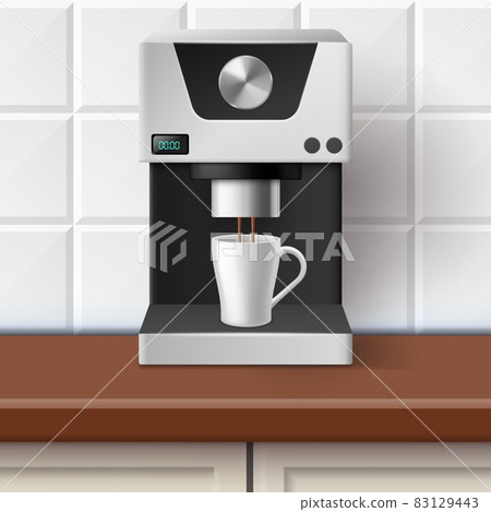 Realistic coffee machine. Household appliance pours caffeine drink into ceramic mug. Automatic espresso maker on kitchen table. Electronic equipment for cappuccino preparing. Vector concept 83129443