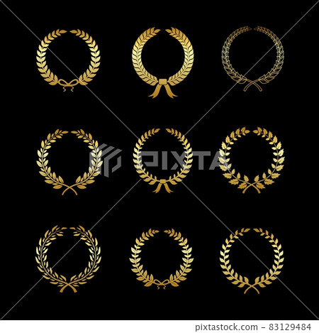 Laurels gold wreaths. Golden branches with leaf silhouette in circle form, foliate and wheat, oak and wreath. Heraldic trophy, champion awards logo, victory design elements, vector isolated set 83129484