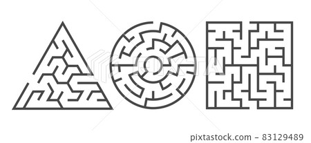 Labyrinth. Maze game in different graphic shapes. Black line abstract drawing, circle square and triangle form, kids and adult brain training logic games. Logo template. Vector isolated set 83129489