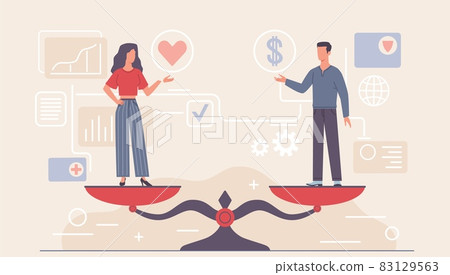 Gender equality scales. Man and woman standing on bowls of weight measuring equipment. Different values comparison. Professional balance. Vector equivalent male and female employment 83129563