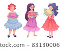 Women with bouquets of flowers, characters in full growth on a white background. Vector drawing 83130006