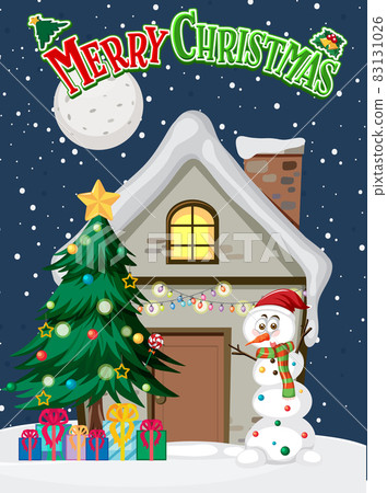 Merry Christmas poster with snowman and winter house 83131026