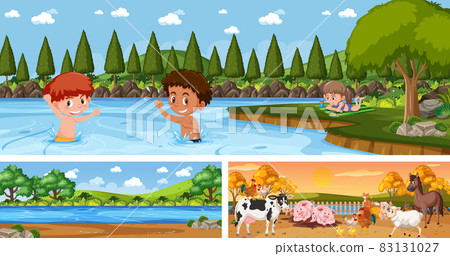 Set of outdoor panoramic landscape with cartoon character Set of outdoor panoramic landscape with cartoon character 83131027