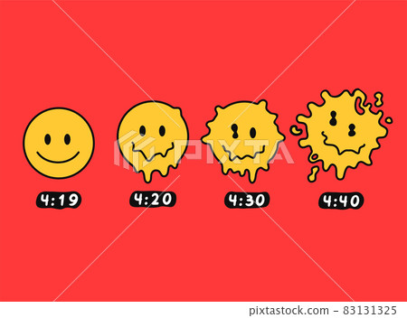 Funny melt smile faces. 4:20 marijuana, weed, cannabis print for poster, t-shirt, card. Vector hand drawn doodle cartoon character illustration. Isolated ob white background Funny melt smile faces. 4:20 marijuana, weed, cannabis print for poster, t-shirt, card. Vector hand drawn doodle cartoon character illustration. Isolated ob white background 83131325
