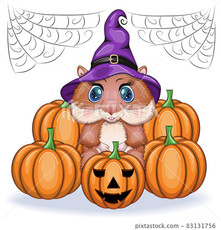 Cute cartoon hamster wearing wizard hat with broom and pumpkins, halloween holiday character. 83131756