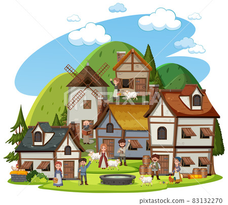 Medieval village with villagers on white background Medieval village with villagers on white background 83132270