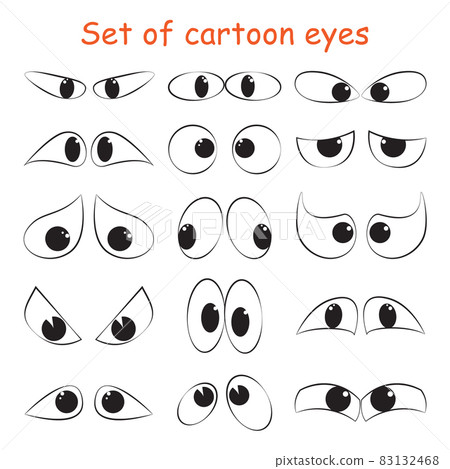Set of cartoon eyeball emotions in sketch style. Comic facial character doodle caricature, human eye emotions. Hand drawn outline design different moods symbols. Funny vector isolated icons on white 83132468