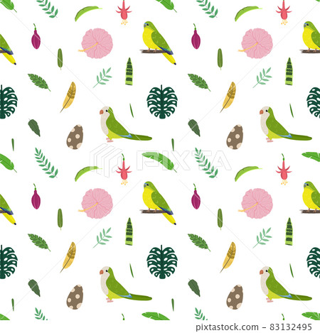 Seamless pattern with monk parakeet and grass parrot Neophema, tropical leaves and flowers. Cute baby print for fabric and textile. 83132495