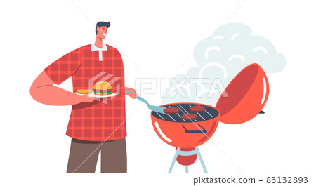 Male Character Spend Time on Outdoor Bbq Cooking Meat and Sausages on Barbecue Machine at Front Yard Having Fun 83132893