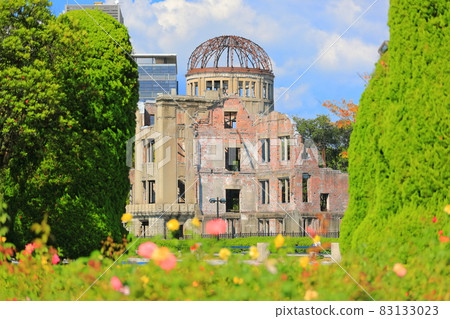 [Hiroshima Prefecture] Atomic Bomb Dome and Roses in sunny weather 83133023