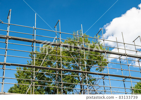 Blue sky, trees and single pipe scaffolding 83133739