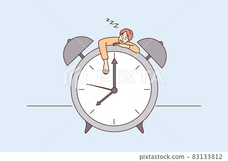 Tired man fall asleep on huge clock  83133812