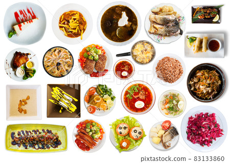 View of many plates with tasty food over white background View of many plates with tasty food over white background 83133860