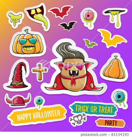 Vector halloween sticker icons set with dracula, witch hat, scary pumpkin, bat , skull, happy halloween text, demon and zombie eyes, wooden cemetry cross, monsters isolated on violet background. 83134193