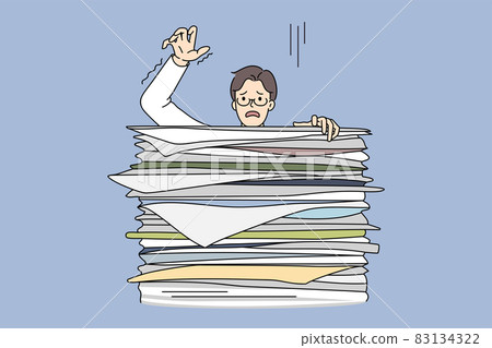 Learning boy behind huge stack of exam books. Learning boy behind huge stack of exam books. 83134322