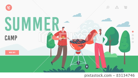 Summer Camp Fun Landing Page Template. Male and Female Characters Spend Time on Outdoor Bbq Party, Camping Relax 83134746