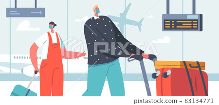 Young Couple Characters Go for Leisure. Man and Woman in Face Masks in Airport Terminal. Summer Time Vacation, Holidays 83134771