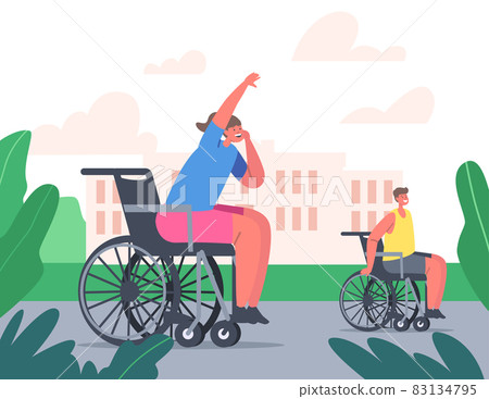 Young Disabled Kids Sitting in Wheelchair Playing Basketball or Racing. Disability, Paralyzed Handicapped Persons Young Disabled Kids Sitting in Wheelchair Playing Basketball or Racing. Disability, Paralyzed Handicapped Persons 83134795