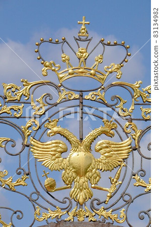 Russia, St. Petersburg, Catherine Palace main gate, double-headed eagle coat of arms, Russian Empire Romanov dynasty Russia, St. Petersburg, Catherine Palace main gate, double-headed eagle coat of arms, Russian Empire Romanov dynasty 83134982