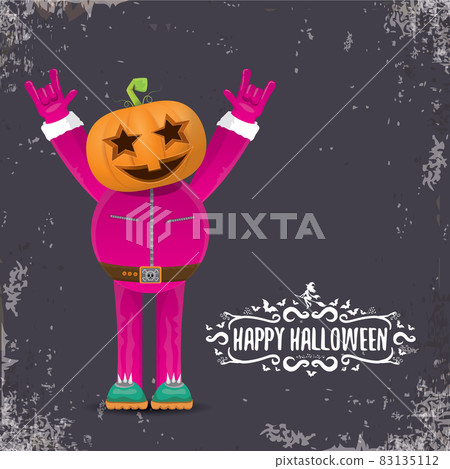 vector Happy Halloween creative hipster party background. man in Halloween costume with carved pumpkin head on grey background. Happy Halloween rock concert poster design 83135112