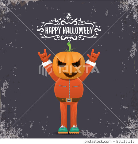 vector Happy Halloween creative hipster party background. man in Halloween costume with carved pumpkin head on grey background. Happy Halloween rock concert poster design 83135113