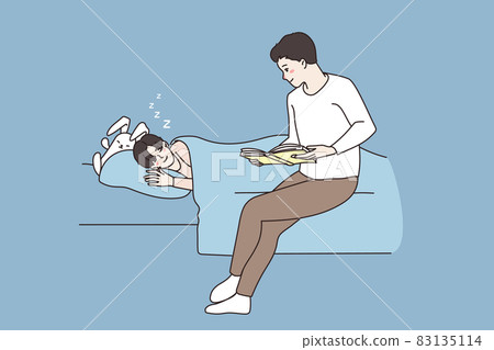 Loving father read book for small son in bed Loving father read book for small son in bed 83135114
