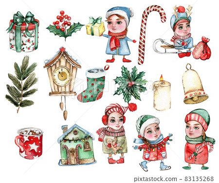 Watercolor christmas set with gnomes 83135268