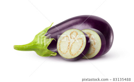 One raw black aubergine and two slices isolated on white background 83135488