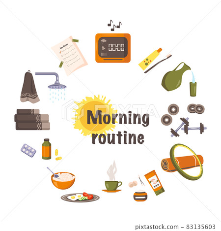 Set items for morning routine. Wake up by alarm, brushing teeth and washing face, do sports, fitness or yoga, beauty treatment, eat food and vitamin, shower and plan day. Healthy start day concept Set items for morning routine. Wake up by alarm, brushing teeth and washing face, do sports, fitness or yoga, beauty treatment, eat food and vitamin, shower and plan day. Healthy start day concept 83135603