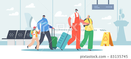 Mother and Father Travelling with Daughters, Family with Bags Walk to Airplane. Happy Parents and Children in Airport 83135745
