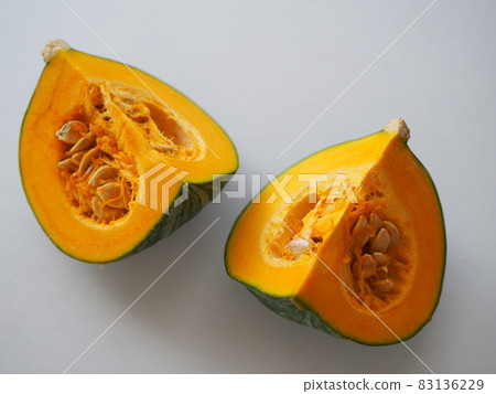 Pumpkin divided into 4 equal parts Pumpkin divided into 4 equal parts 83136229