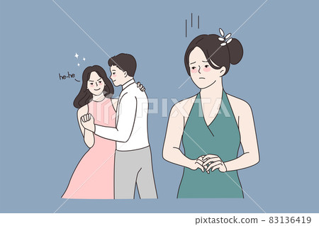 Single girl envy of happy couple dancing  83136419