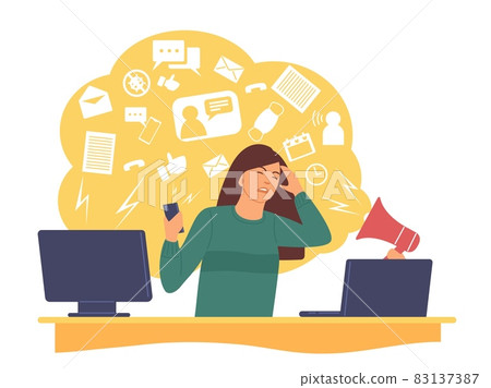 Information attack and people panic. Negative media spam and info trash flow. Depressive woman with monitors. Frustrated and stress. Internet news propaganda pressure. Vector concept 83137387