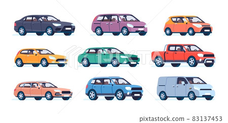 Passenger cars. Color city vehicles. Modern transport. Urban popular autos. Sport utility roadsters. Sedan and wagon. Pickup and hatchback driving. Vector town traffic elements set Passenger cars. Color city vehicles. Modern transport. Urban popular autos. Sport utility roadsters. Sedan and wagon. Pickup and hatchback driving. Vector town traffic elements set 83137453