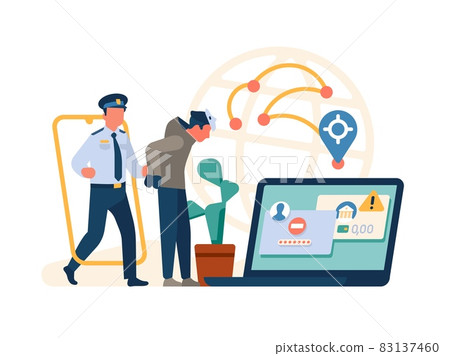 Hacker and police. Security guard arrested digital thief. Fighting cyber crime. Information protection. Policeman catching fraudster. Personal data safety. Vector cybercrime concept 83137460
