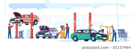 Car repair shop. Automotive workshop. Mechanics fix automobiles. Technical maintenance service. Auto technicians lifting vehicle for diagnostic or parts replacement. Vector concept 83137464