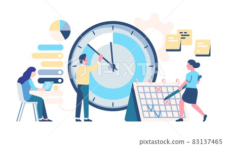 Timetable managing. Effective organization. Planning work productivity. Office employees make schedule and tasks plan. Large round dial and calendar. Time management. Vector concept 83137465