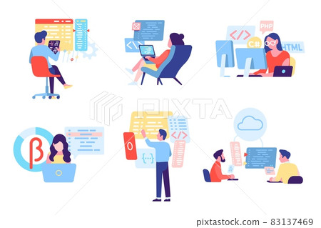 People programming software. Cartoon developers work with websites or apps. Coding process. Professional IT engineers. Computer technology job. Web development. Vector programmers set People programming software. Cartoon developers work with websites or apps. Coding process. Professional IT engineers. Computer technology job. Web development. Vector programmers set 83137469