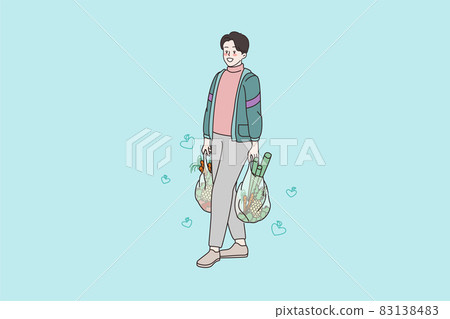 Smiling man with bags grocery shopping in store Smiling man with bags grocery shopping in store 83138483