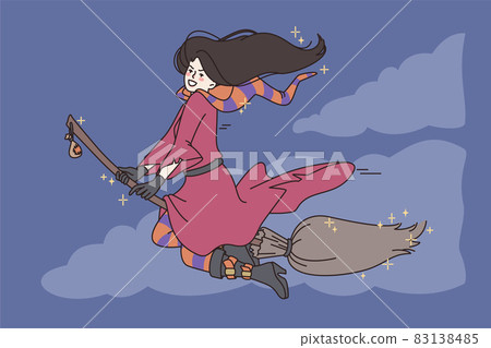 Smiling witch on broom on Halloween eve  83138485