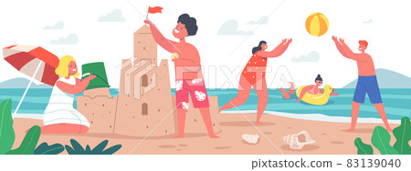 Happy Kids on Vacation, Little Children Characters on Beach Building Sand Castle and Playing Ball at Seaside 83139040