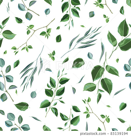 Seamless pattern with branches and green leaves. Spring or summer stylized foliage. 83139194
