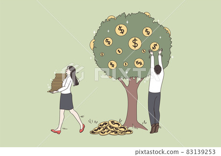 Businesspeople collect money coins from tree get dividend  83139253