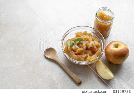 Homemade delicious fruit jam in glass bowl, copy space Homemade delicious fruit jam in glass bowl, copy space 83139728