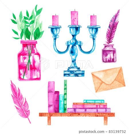 Watercolor set with books on a white background 02 83139732