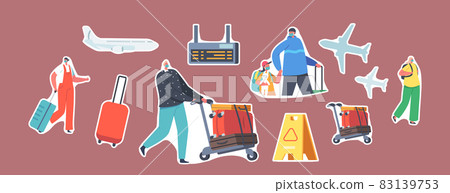 Set Stickers Family Travel with Children. Parents and Kids in Airport with Baggage. Father, Mother, Kids in Masks 83139753