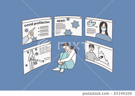 Stressed woman distressed with covid-19 information Stressed woman distressed with covid-19 information 83140109
