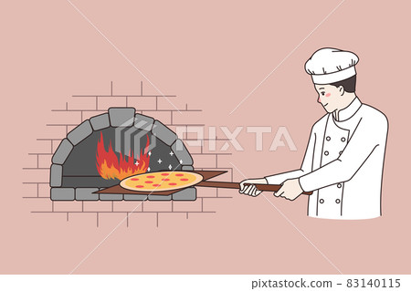Chef cooking pizza in stone oven in restaurant Chef cooking pizza in stone oven in restaurant 83140115